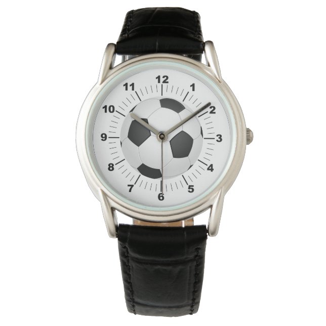 Manar Soccer Ball Krona Black Leather Strap Watch Armbandsur (Framsida)