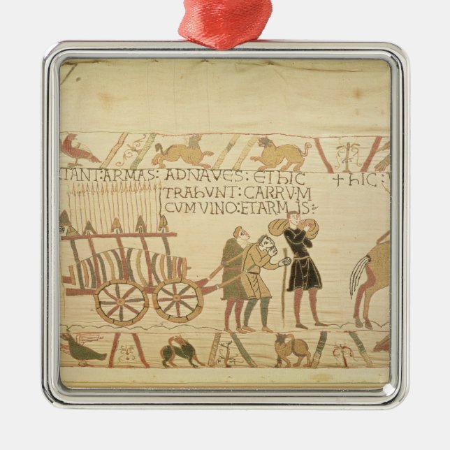 Manar som drar en vagn, laddade med vin och ärmar julgransprydnad metall (Framsidan)