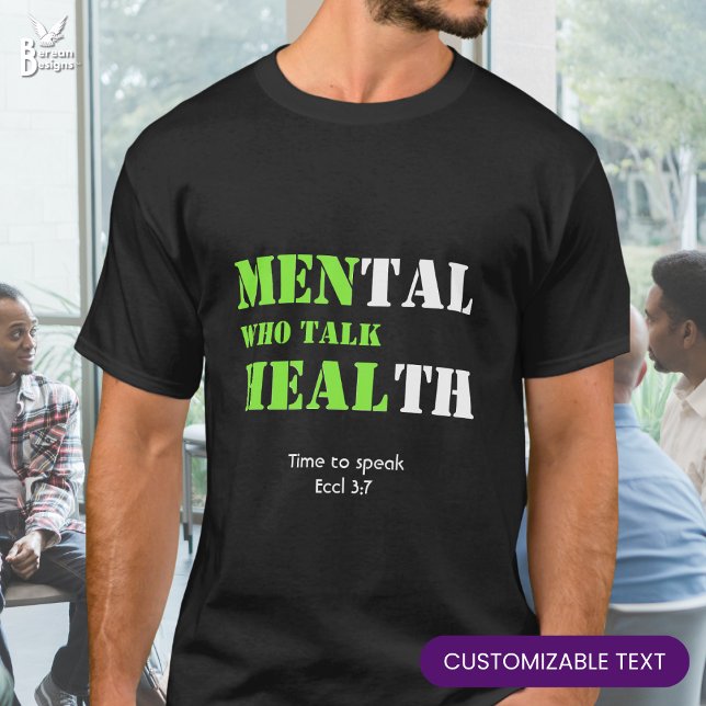 MANAR SOM PRATAR OM HÄLSOHJÄLP Anpassningsbar Skri T Shirt (MEN WHO TALK HEAL Men's Mental Health T-shirt with customizable Bible verse. Ideal supporter shirt.)