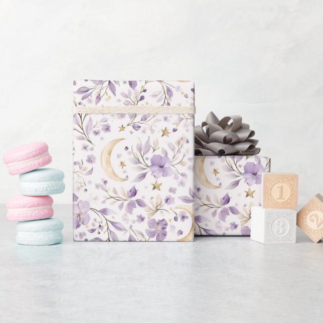 Månar Stjärnor & Lila Blommor Baby Shower Presentpapper (Baby Shower)
