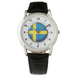 Manar Sverige Flagga Black Leather Strap Watch Armbandsur