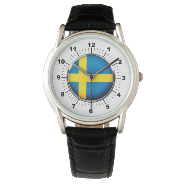 Manar Sverige Flagga Black Leather Strap Watch Armbandsur (Framsida)