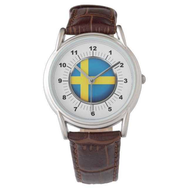 Manar Sverige Flagga Classic Brown Leather Watch Armbandsur (Framsida)