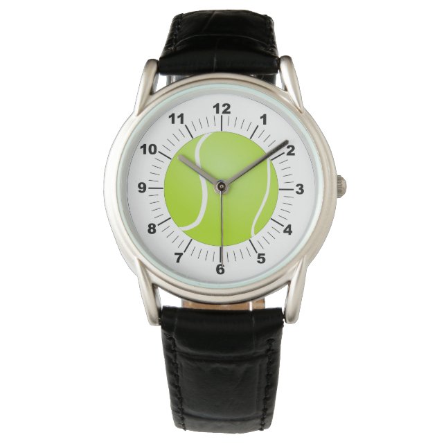 Manar Tennis Boll Krona Black Leather Strap Watch Armbandsur (Framsida)