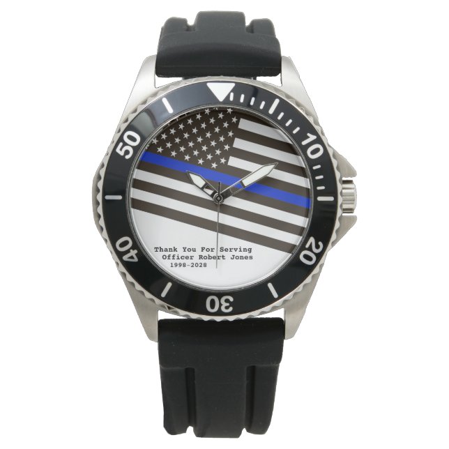 *~* Manar Thin Blue Line Flagga Polisman's Armbandsur (Framsida)