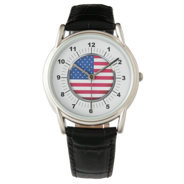 Manar USA flagga Classic Black Leather Strap Watch Armbandsur (Framsida)