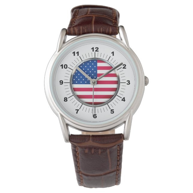 Manar USA flagga Classic Brown Leather Strap Watch Armbandsur (Framsida)