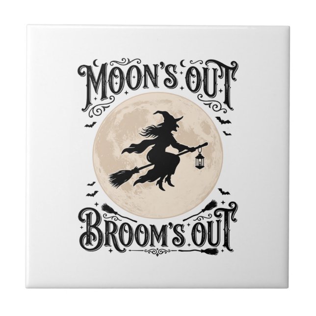 Månar Ut Kvastar Ut Häxa Halloween Kakelplatta (Framsidan)