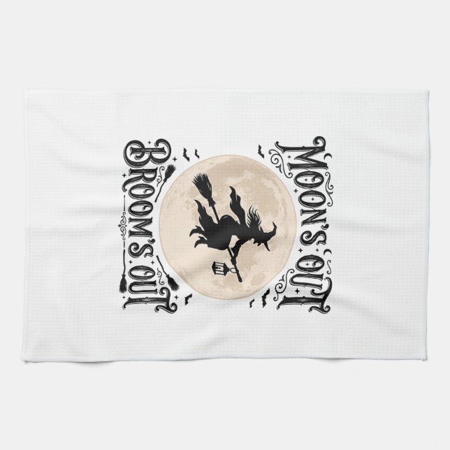 Månar Ut Kvastar Ut Häxa Halloween Kökshandduk (Horisontell)