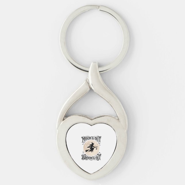 Månar Ut Kvastar Ut Häxa Halloween Twisted Heart Silverfärgad Nyckelring (Framsidan)