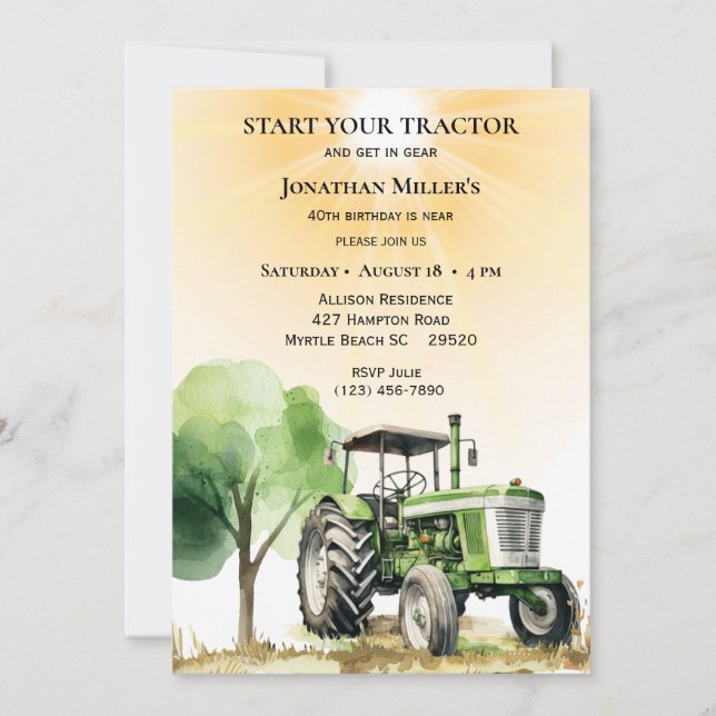 Manar Vintage Farm Grönt Tractor Födelsedagsfest Inbjudningar (Framsida)
