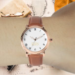 Manar Vintage Ro Guld, första brunläderremmet Armbandsur<br><div class="desc">Skapa din egen anpassningsbar, personlig, elegant snyggt coola, unik klassfaux-guld, svartvitt, monogrammad, manar ro guld-retro-vintage ser ut som stil brunt läderbandsur i. Skriv bara in ditt namn / monogram / initialer om du vill anpassa. Gör en underbar gåva till födelsedag, studenten, fars dag, julklappar, helgdagar, bröllop, giftermål, valentines day och...</div>