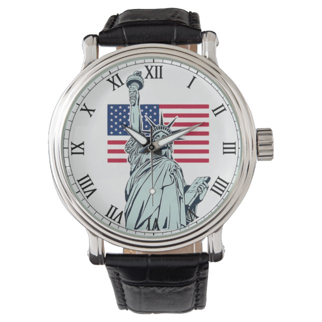 Manar Watch med USA flagga och Frihetsgudinnan De Armbandsur (Framsida)