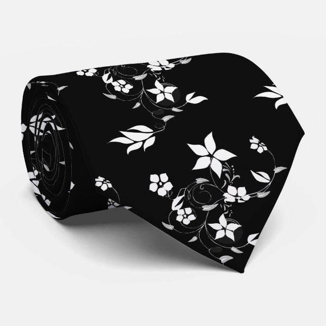 Manar White och Black Blommigt Botanical Tie Slips (Rullad)