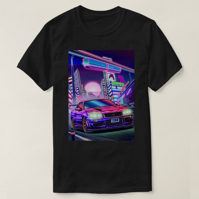 Manar Womens Nissan Skyline Gt-R34 Vaporwave T Shirt (Design framsida)