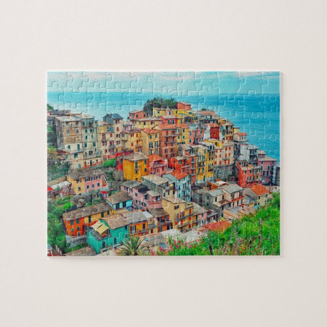 Manarola Cinque Terre Italien Kusten Painting Pussel (Horisontell)