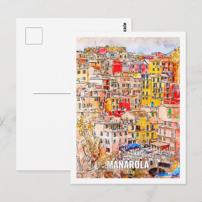 Manarola Italien Travel Ställe Watercolor Vykort (Fram/baksida)