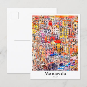 Manarola Italien Travel Watercolor Hand plockade S Vykort