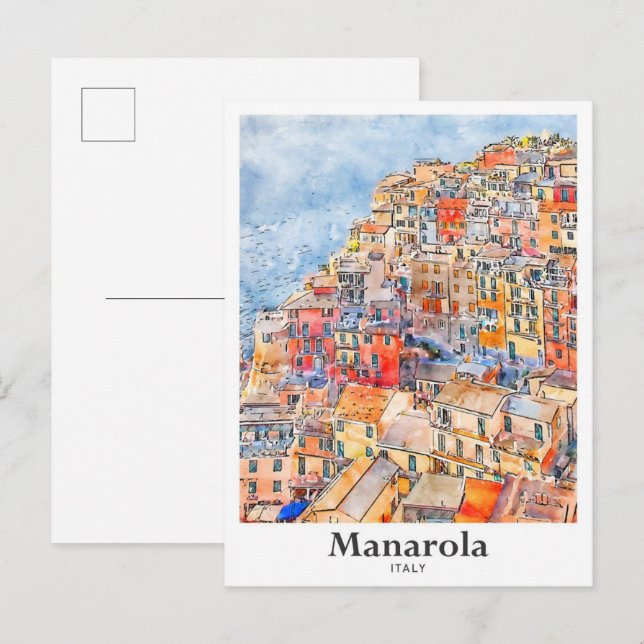 Manarola Italien Travel Watercolor Hand plockade Vykort (Fram/baksida)