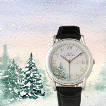 Manar's Custom Name Leather Watch - Snowy Forest