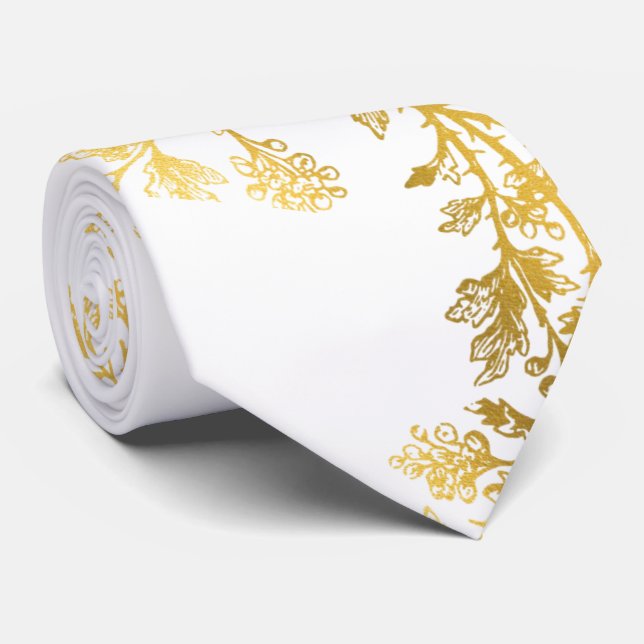 Manar's White Guld Löv Stems Kostym Necktie Slips (Rullad)