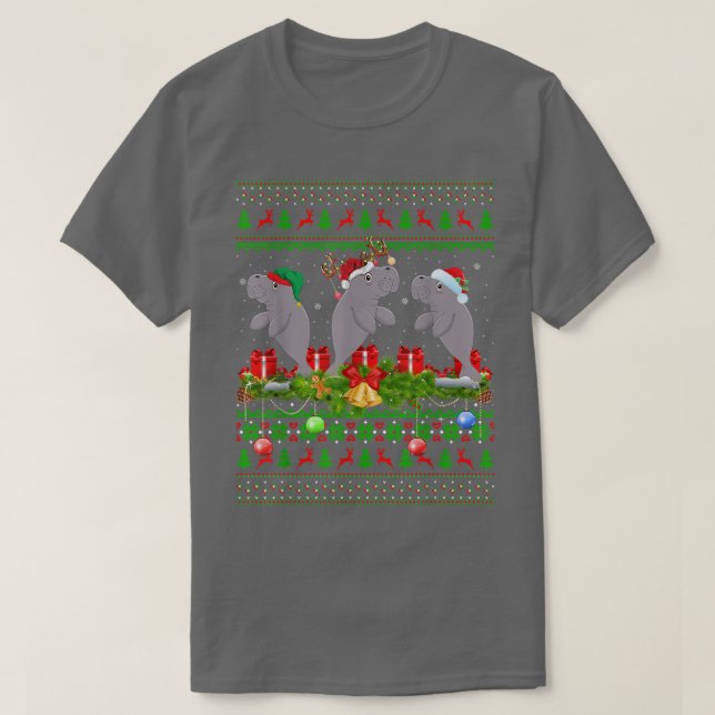 Manatee Älskare Julafton Lighting Santa Ugly Manat T Shirt (Design framsida)