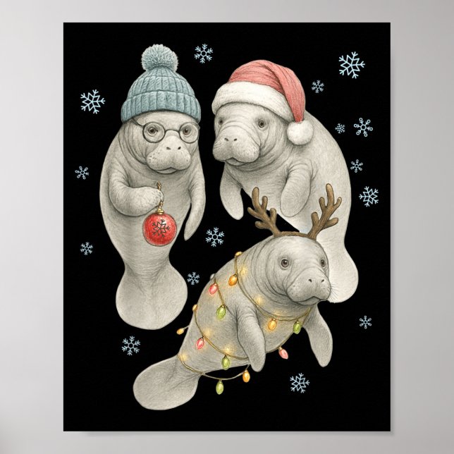 Manatee Christmas Manatee Santa Reindeer Lights Wo Poster (Framsidan)