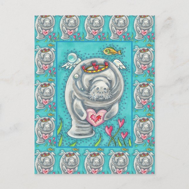 MANATEE CUPID, BUBBLES & HEARTS COLORFUL VALENTINE HELG VYKORT (Framsida)
