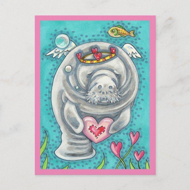 MANATEE CUPID, BUBBLES & HEARTS COLORFUL VALENTINE HELG VYKORT (Framsida)