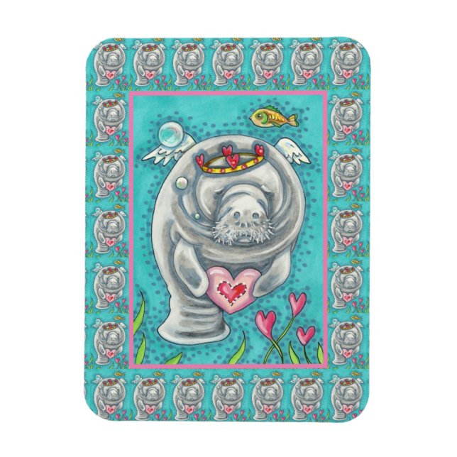 MANATEE CUPID, BUBBLES & HEARTS COLORFUL VALENTINE MAGNET (Vertikal)