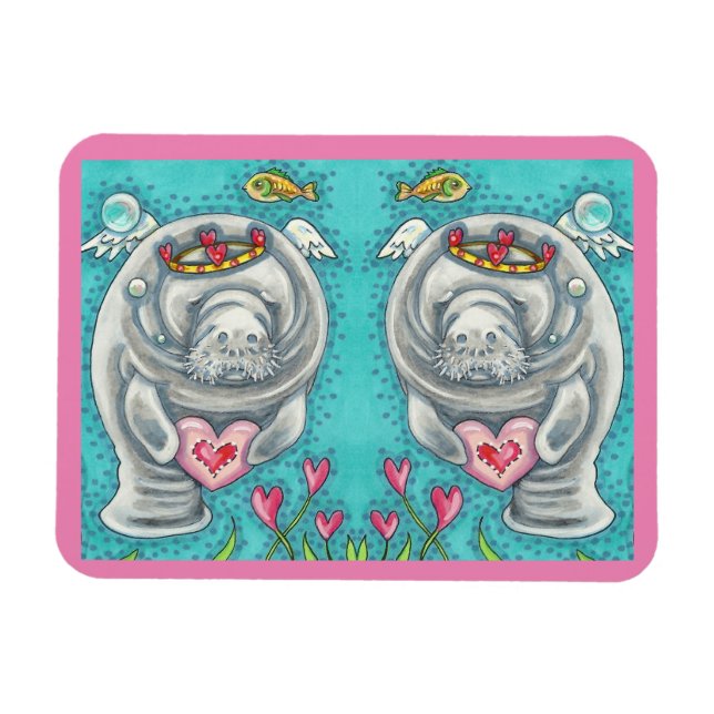MANATEE CUPID, BUBBLES & HEARTS COLORFUL VALENTINE MAGNET (Horisontell)
