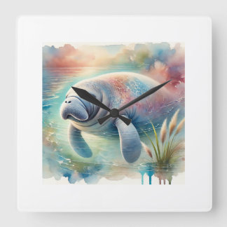 Manatee in the sea 160924AREF101 - Watercolor Fyrkantig Klocka