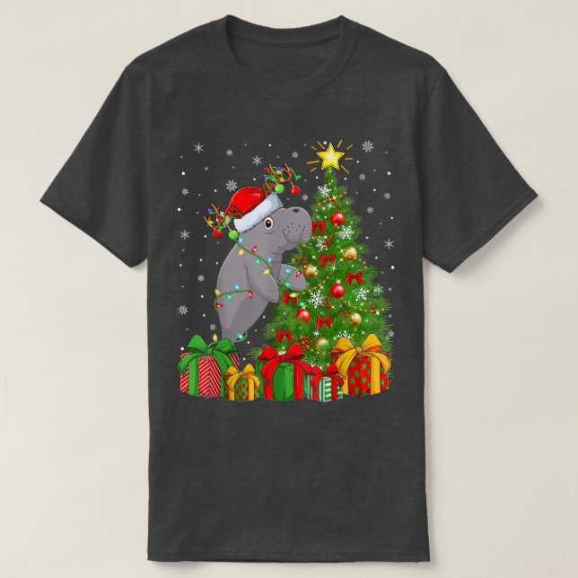 Manatee Lighting Julafton Träd Santa Hat Manatee C T Shirt (Design framsida)