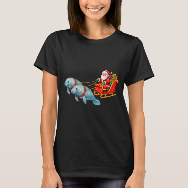 Manatee Santa Christmas Sleigh - Funny Manatee Xma T Shirt (Framsida)