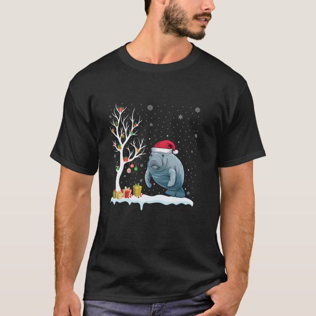 Manatee Santa Hat Festive Träd Light Jul Paj T Shirt (Framsida)