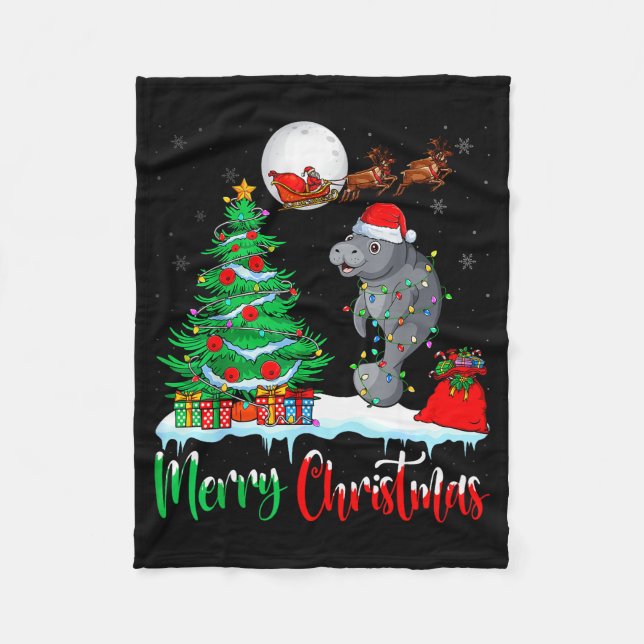 Manatee Santa Hat Xmas Tree Merry Christmas Manate Fleecefilt (Framsidan)