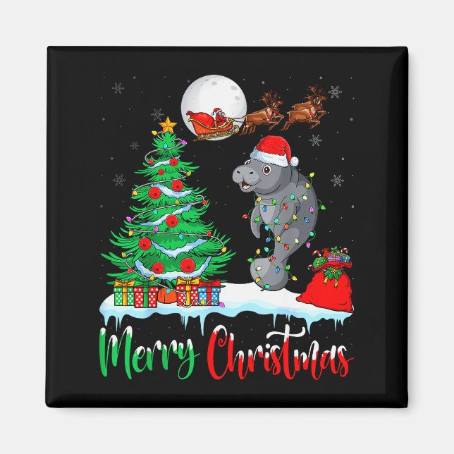 Manatee Santa Hat Xmas Tree Merry Christmas Manate Magnet (Framsidan)