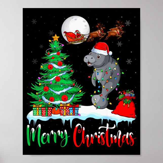 Manatee Santa Hat Xmas Tree Merry Christmas Manate Poster (Framsidan)