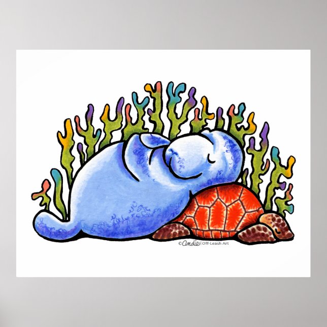 Manatee Sea Turtle Slumber Party efter off-Leash A Poster (Framsidan)