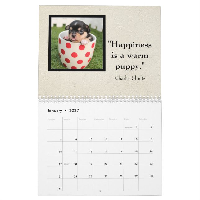 Månatliga hundbilder och citat för hunddvala kalender (Jan 2027)