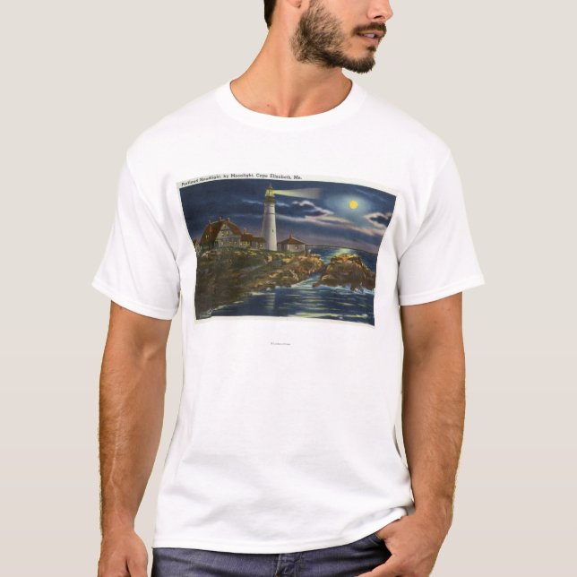 Månbelyst beskåda av Portland den Head fyren Tee Shirt (Framsida)