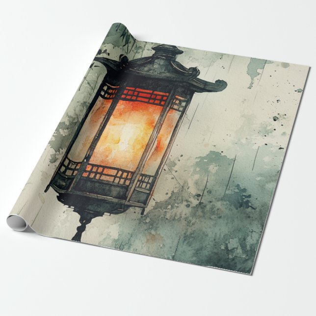 Månbelyst lykt Sumi-E akvarell (3) Presentpapper (Utrullad)