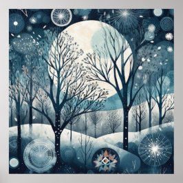 Månbelyst nordisk skog vinter natt poster