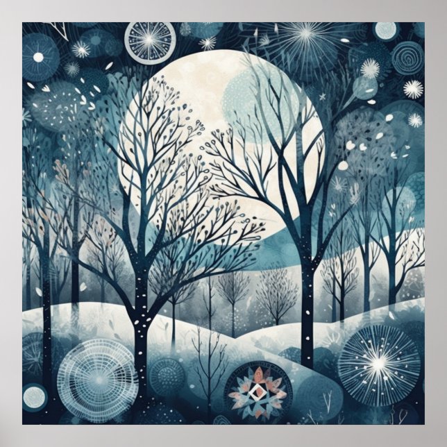 Månbelyst nordisk skog vinter natt poster (Framsidan)