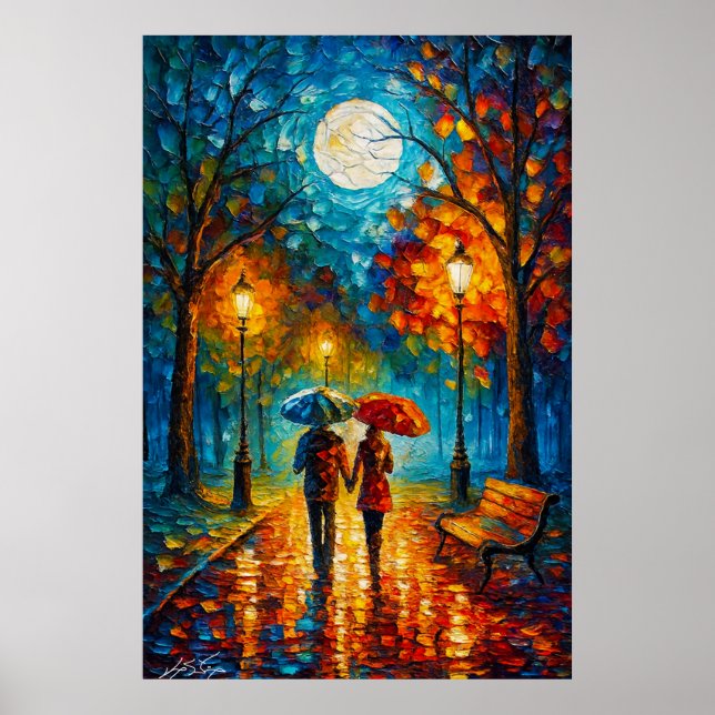 Månbelyst promenad - Romantiskt regnspaziergang Poster (Framsidan)