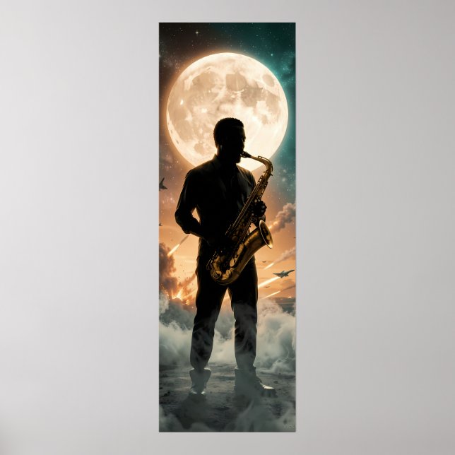 Månbelyst saxofonfantasi i kaosaffisch poster (Framsidan)