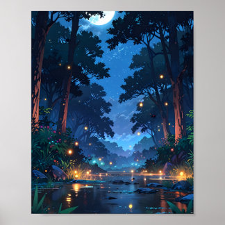 Månbelyst skogsflod poster