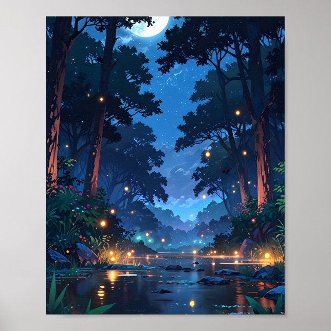 Månbelyst skogsflod poster (Framsidan)