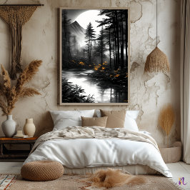 Månbelyst Skogsreflektion – Monokrom Serenitet Poster