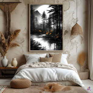 Månbelyst Skogsreflektion – Monokrom Serenitet Poster